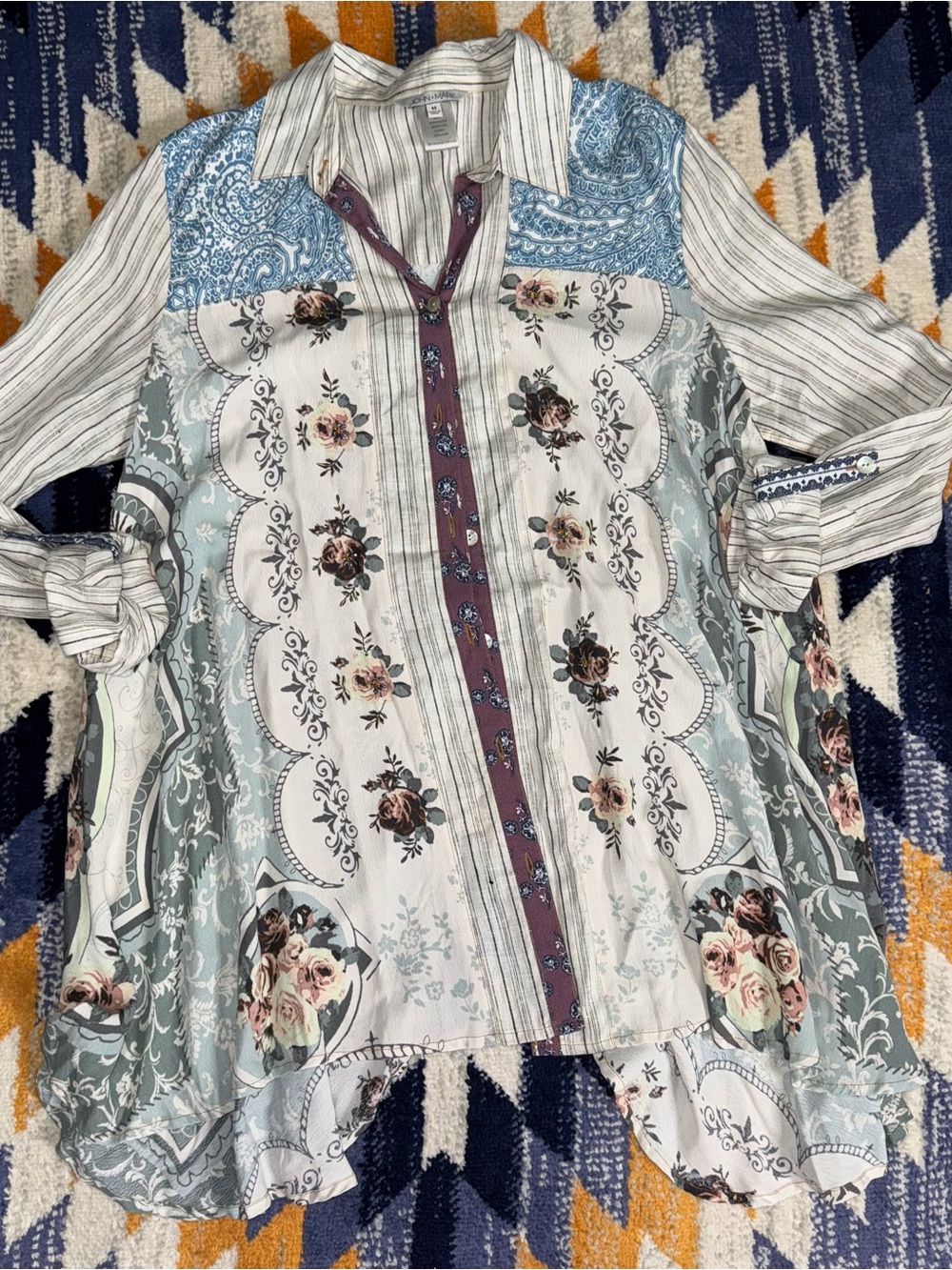 John Mark Button Front Shirt Womens Multi Mixed Print Wild Side Tunic New medium